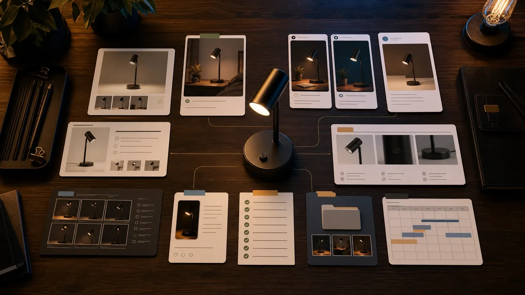 One ecommerce product launch branching into product photos, social posts, ad creatives, marketplace assets, Amazon A+ content, videos, and approvals.