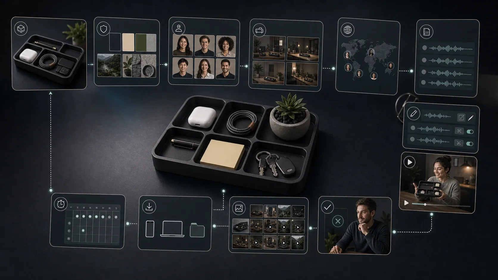 AgenixSocial product-led AI Creator Videos workflow with product context, avatar, custom scene, language, script editing, and review.