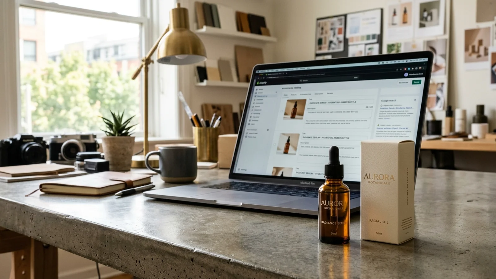 Photorealistic ecommerce workspace showing physical product packaging alongside AI SEO title and metadata optimization tools.