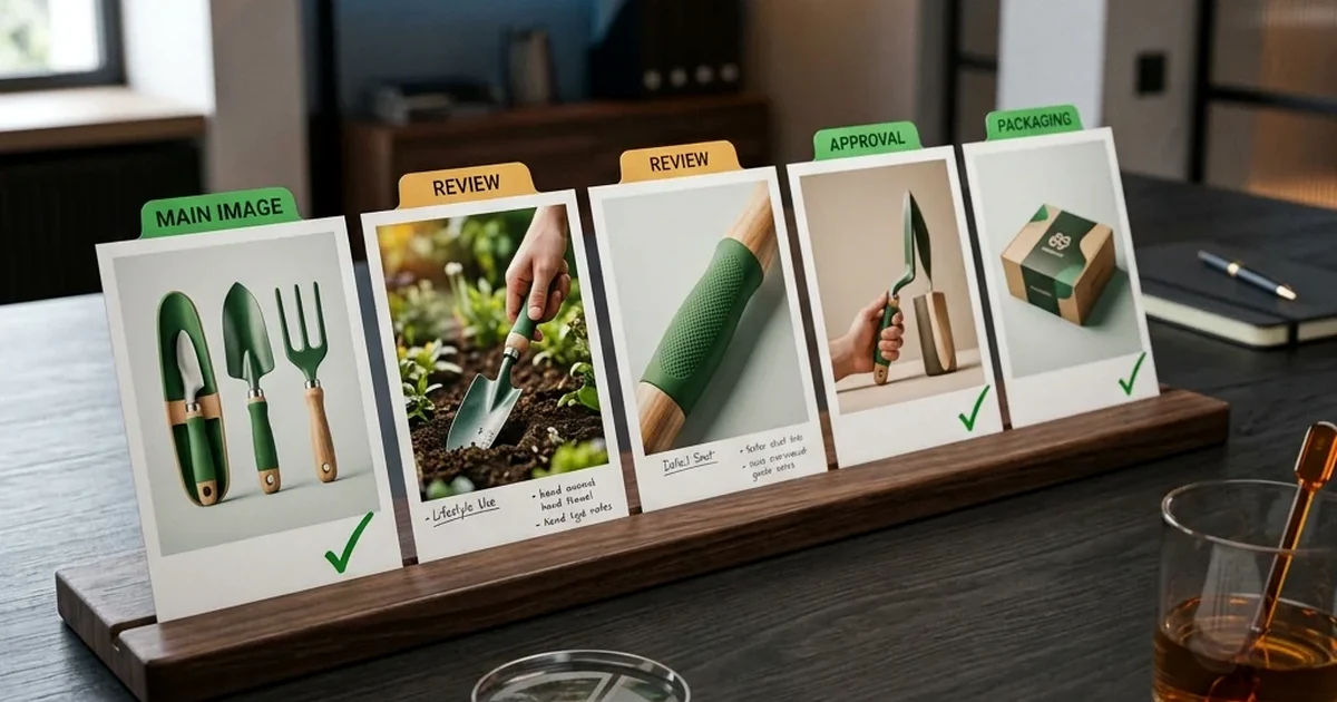 Photorealistic review workspace for checking AI-generated ecommerce product images.