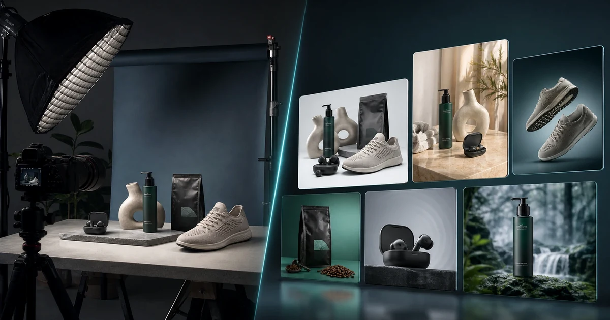 Photorealistic ecommerce product photography studio compared with automated product image production.