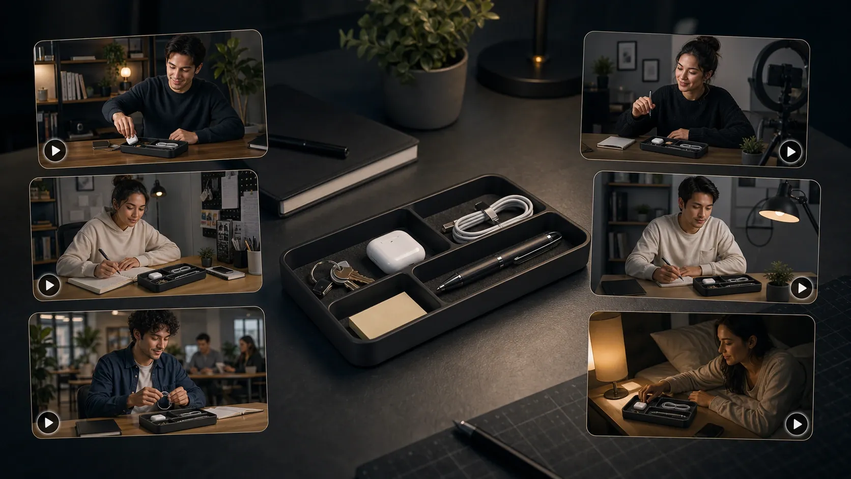 Creator and scene fit for AI UGC product videos featuring a premium desk organizer tray.