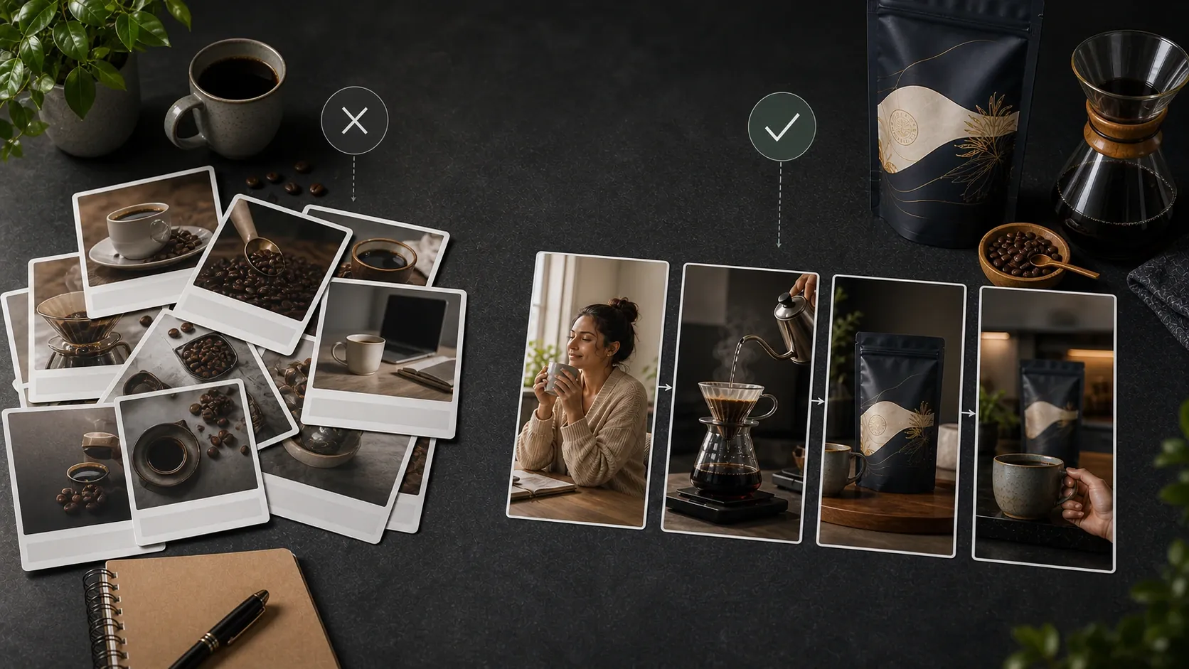 Product-specific AI UGC script planning for a premium coffee pouch video.