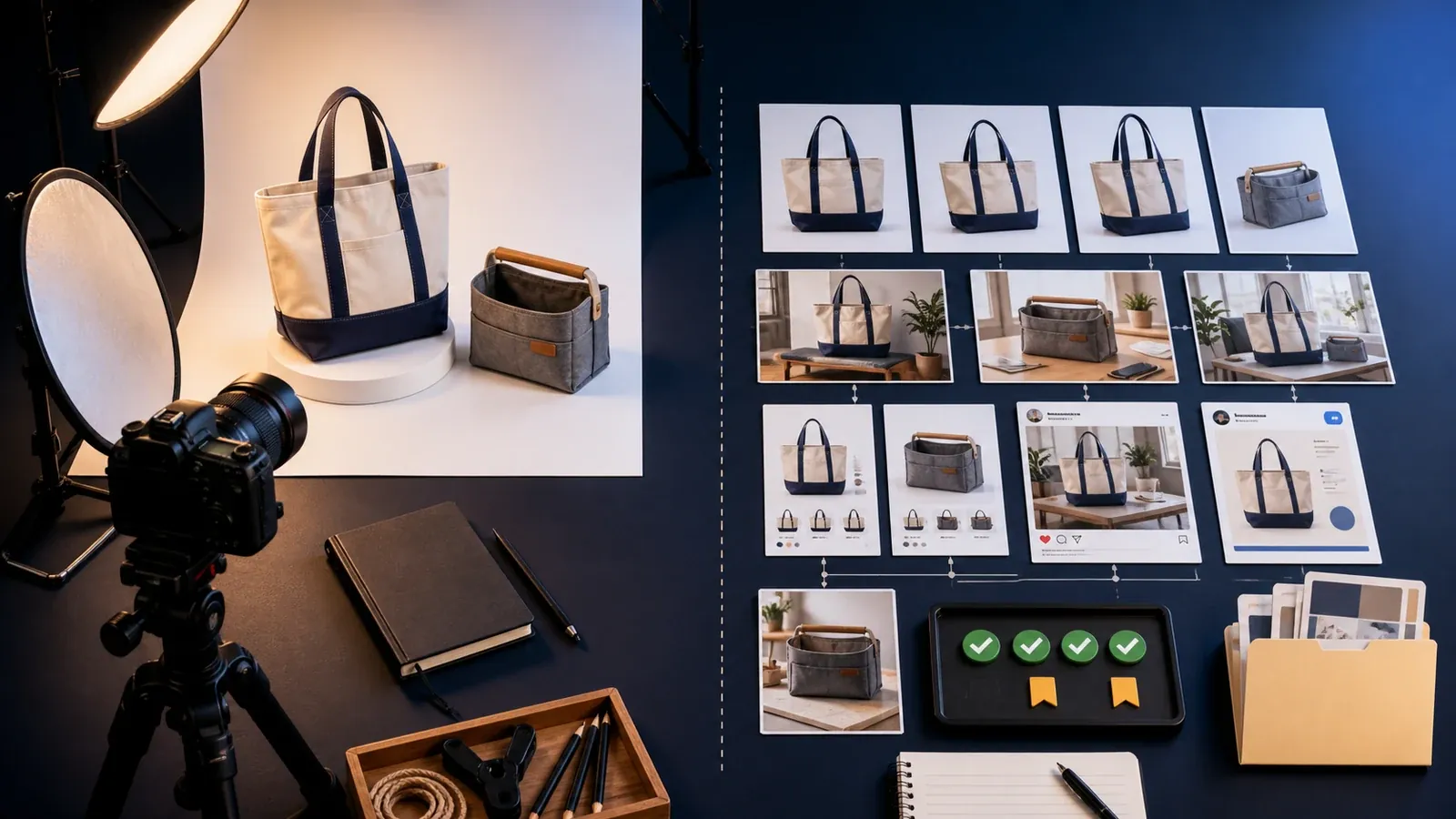 Comparison of traditional product photography setup and AI-assisted ecommerce product image workflow.