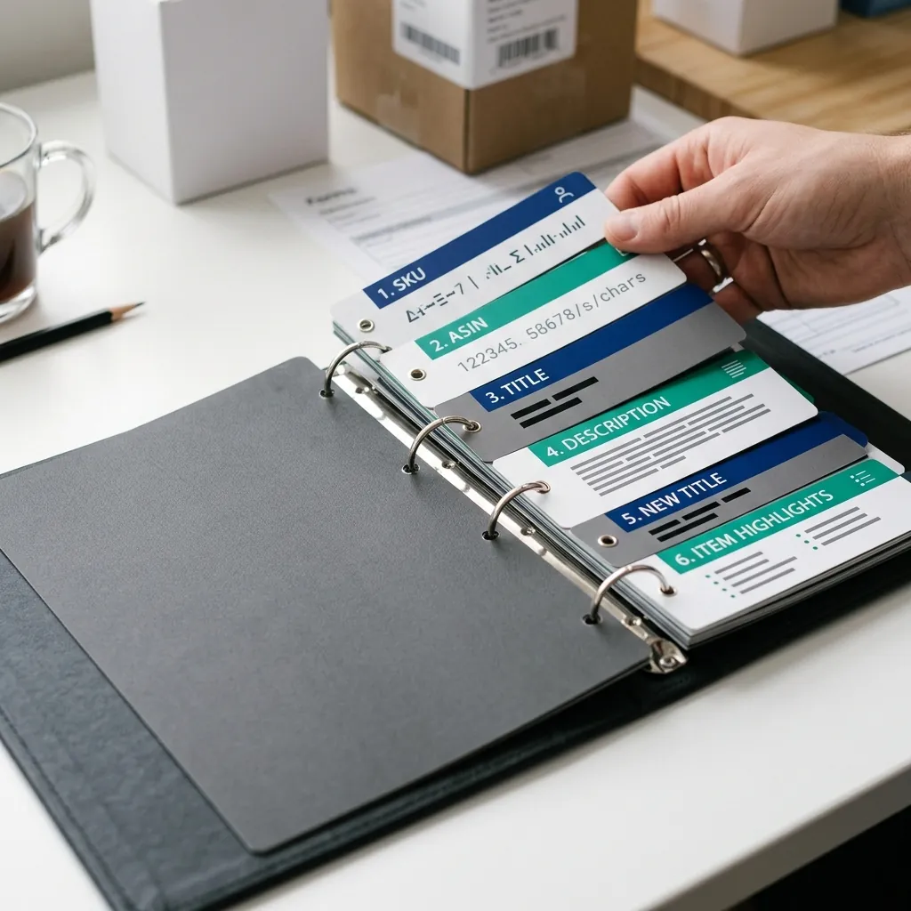 Listing identity chain showing SKU, ASIN, title, description, and generated output kept together.