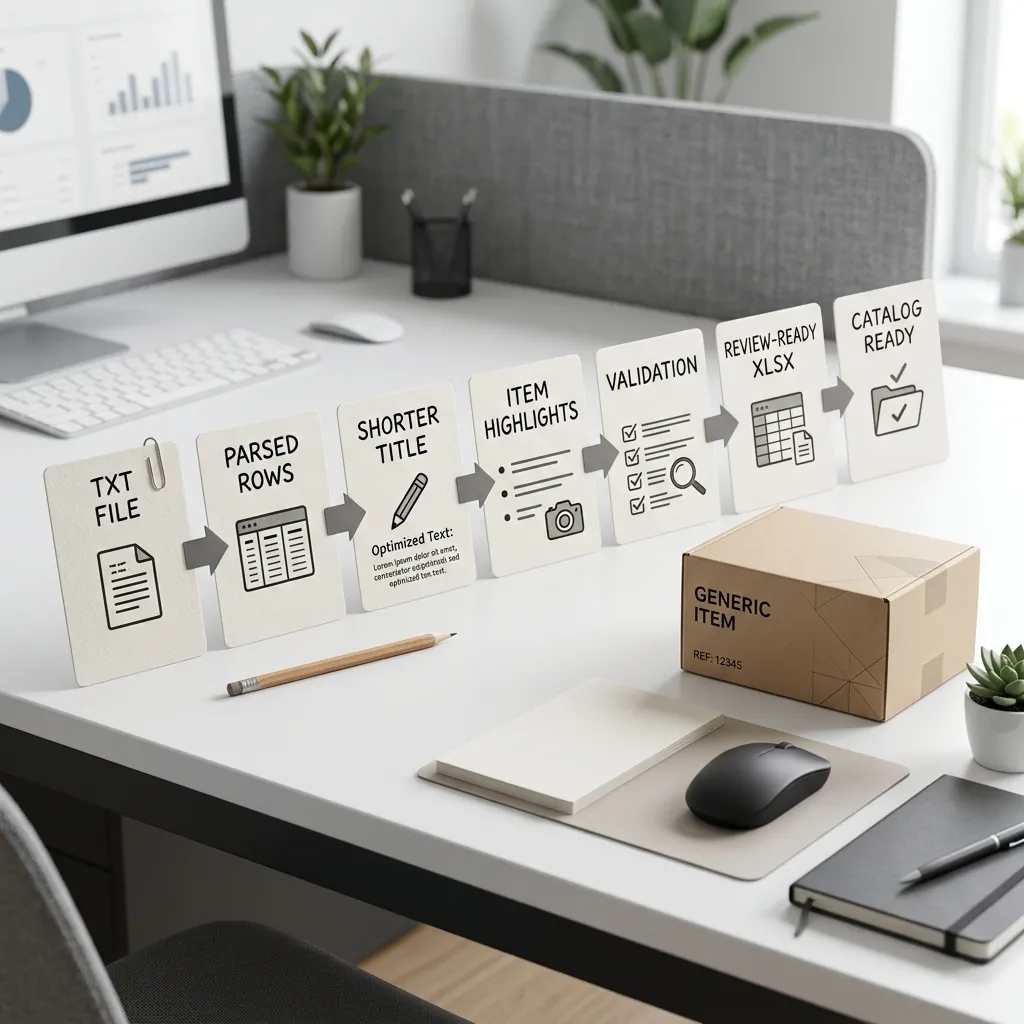 Batch workflow from Amazon TXT export to review-ready XLSX for title compliance.