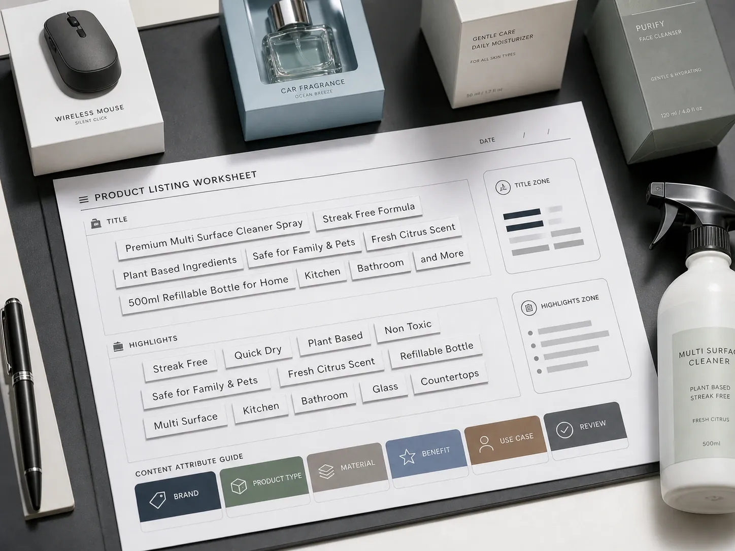 Product listing information split into title and Item Highlights fields.