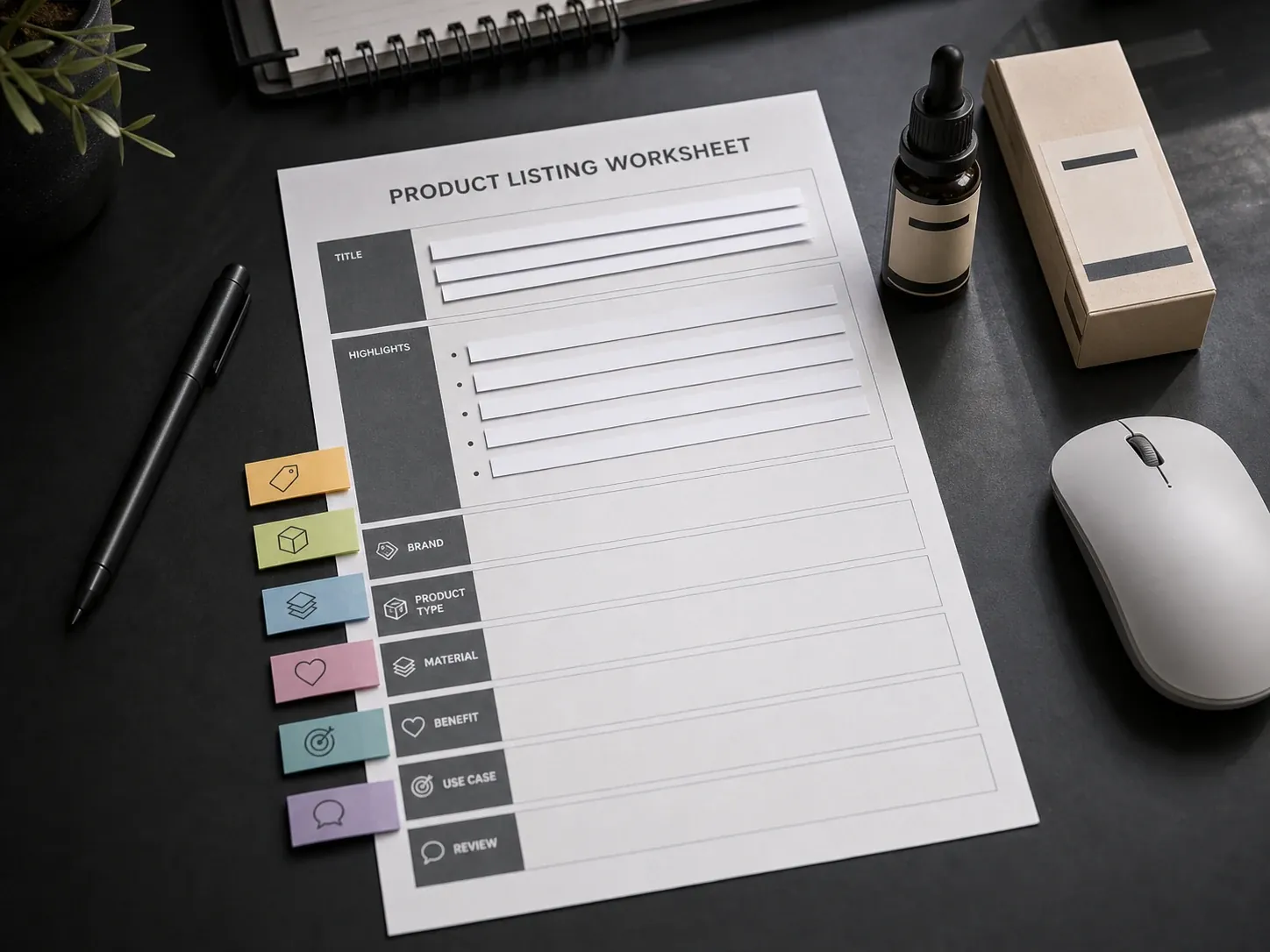 A product listing title being separated into product identity and Item Highlights fields.