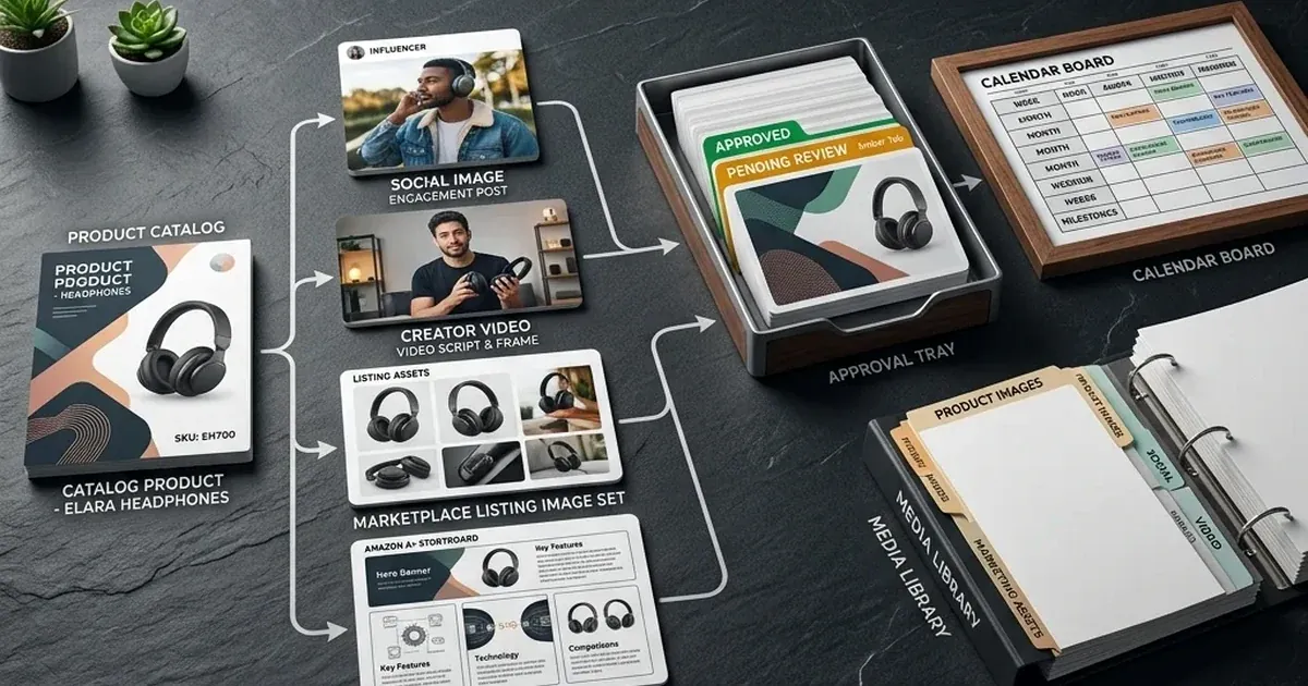 Photorealistic approved ecommerce content assets organized for media library and calendar scheduling.
