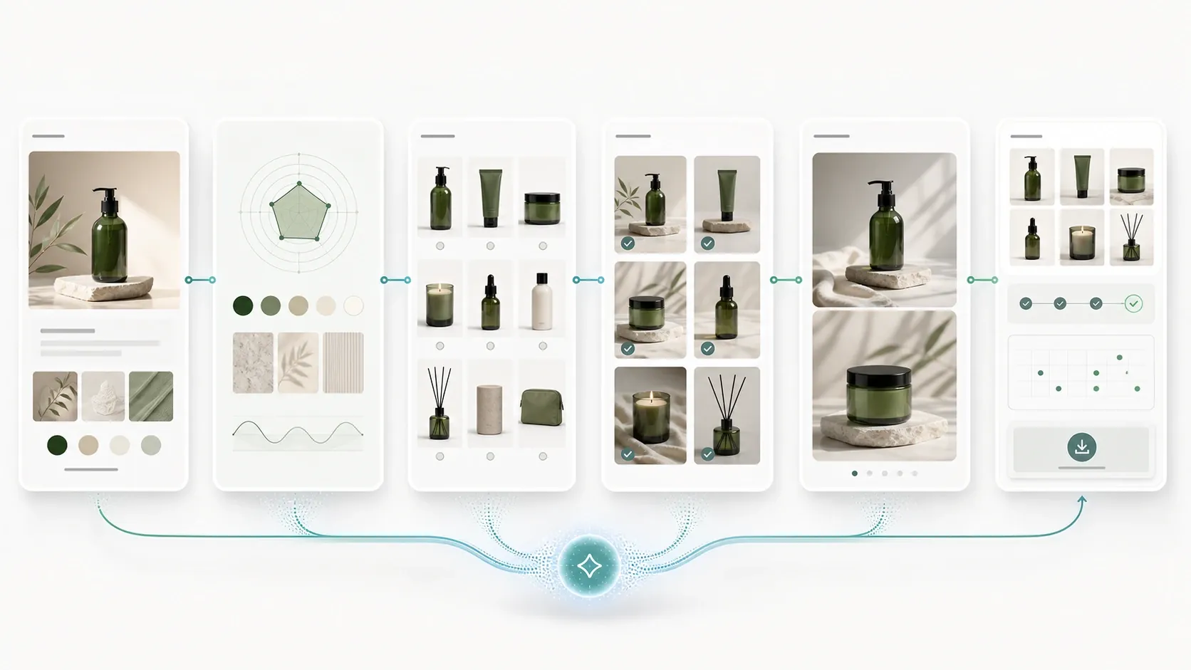Brand-aware AI product photography workflow showing Brand DNA, product catalog, shot selection, generated visuals, and media library.