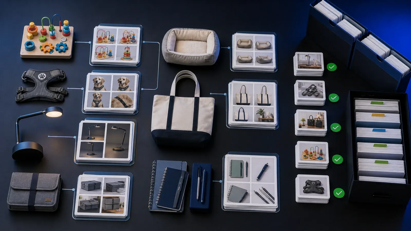 Catalog-scale AI product photography workflow showing many ecommerce products organized into image variants and approved assets.
