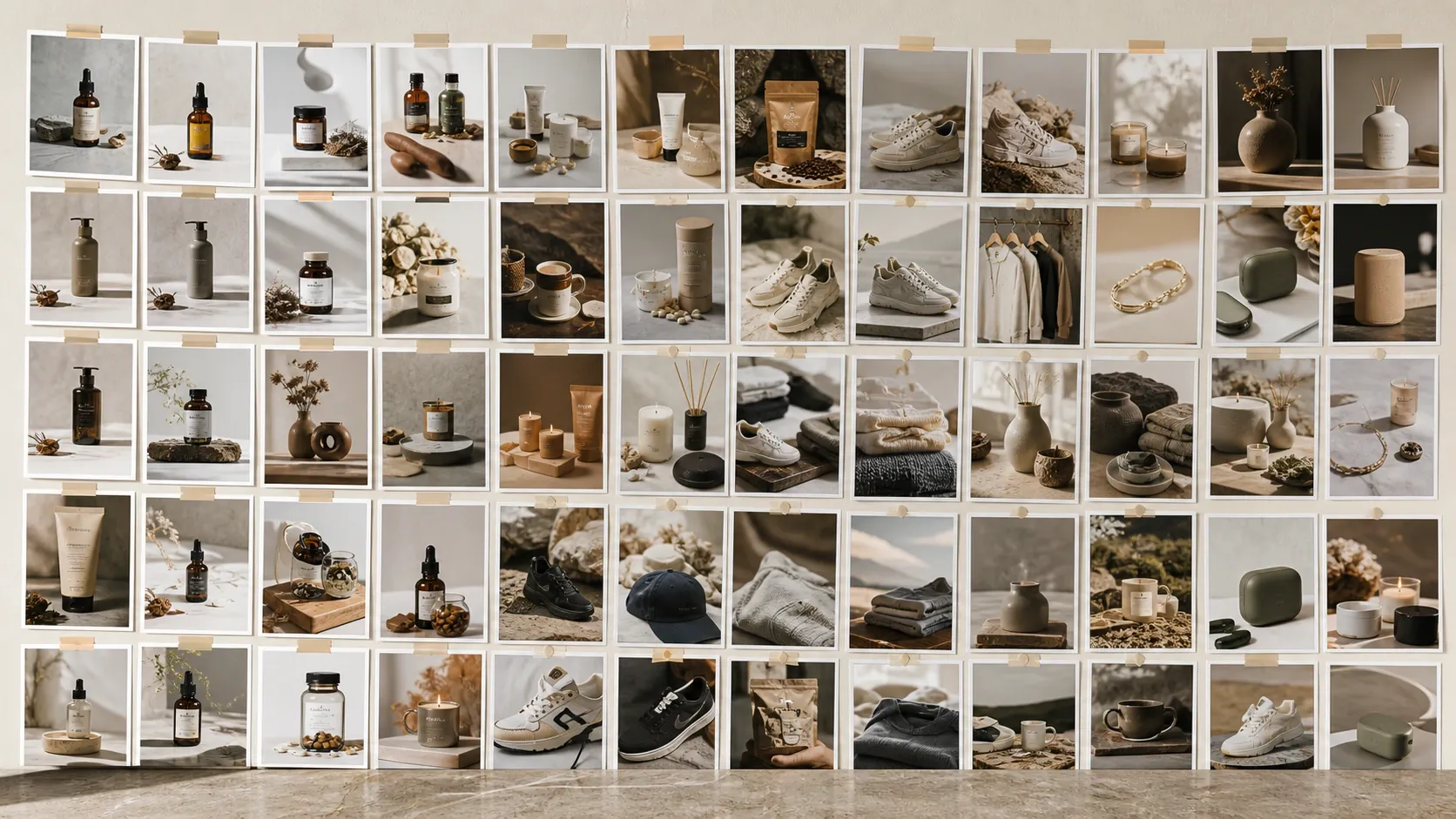 Catalog-scale AI product photo workflow showing visual variety across many ecommerce SKUs instead of repetitive same-looking images.