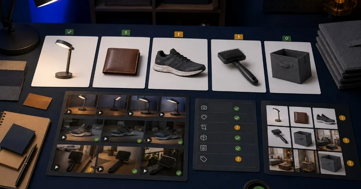 Photorealistic ecommerce approval queue with product cards and review checklist materials.