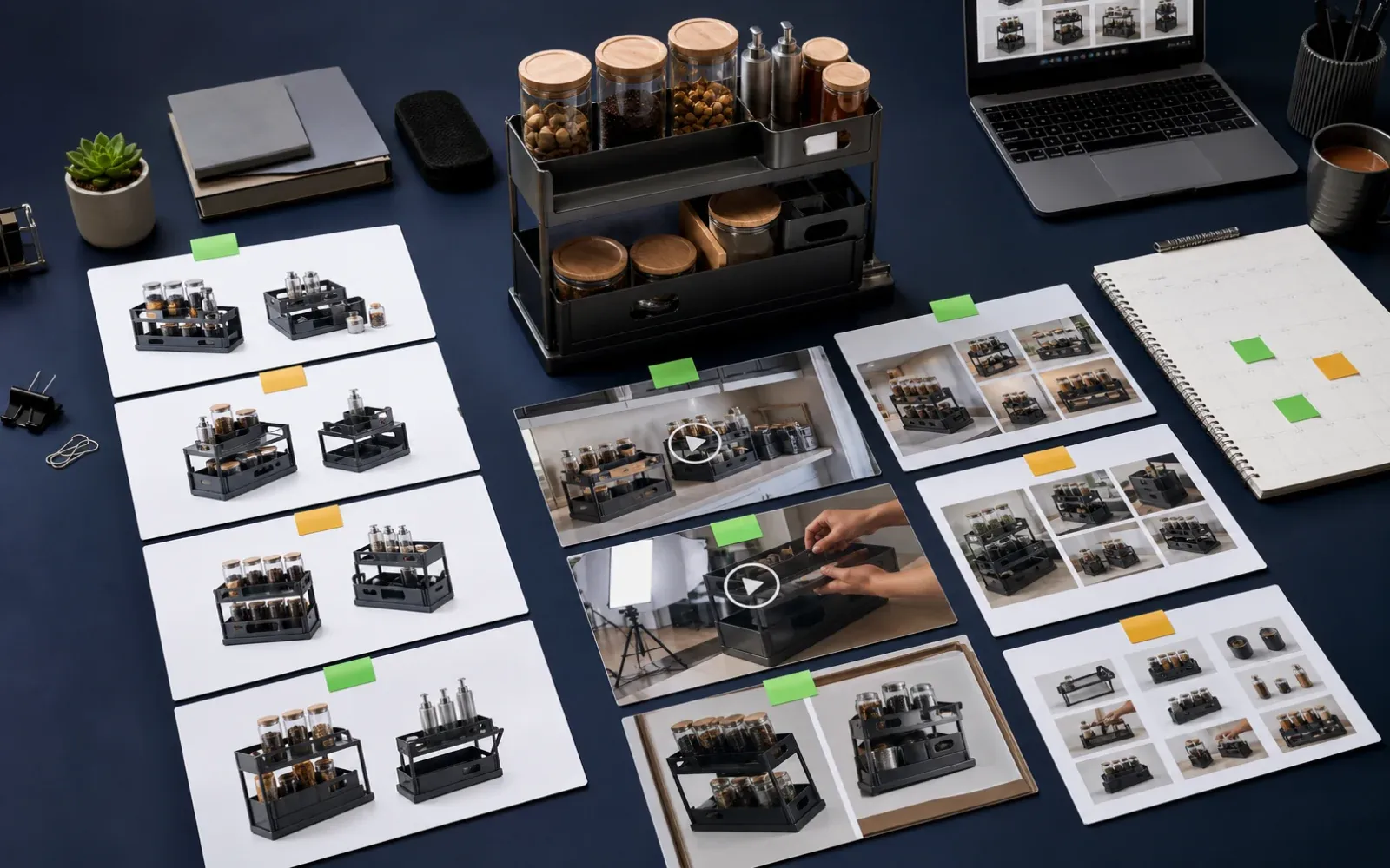 Ecommerce product launch asset mix with product images, videos, ads, marketplace assets, and founder content.