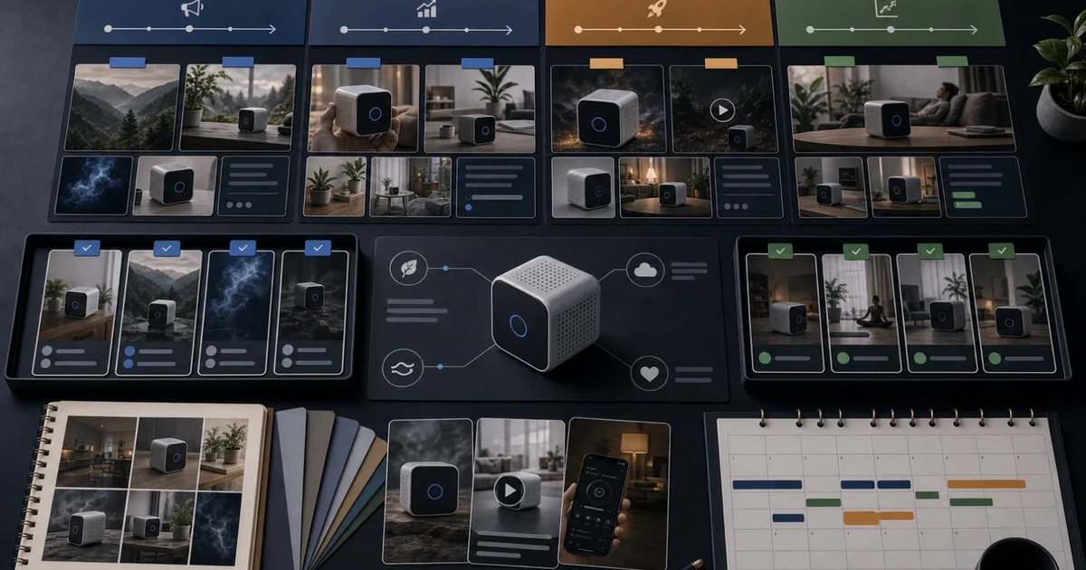 Photorealistic ecommerce product launch calendar board with planned content assets.