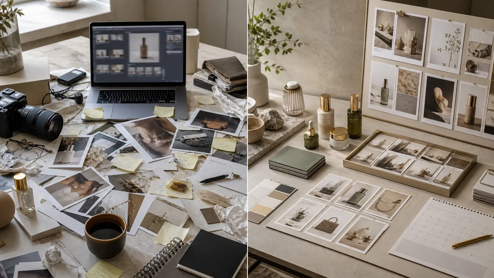Comparison of scattered generic AI product photo workflow versus simplified AgenixSocial brand-aware product photo workflow.