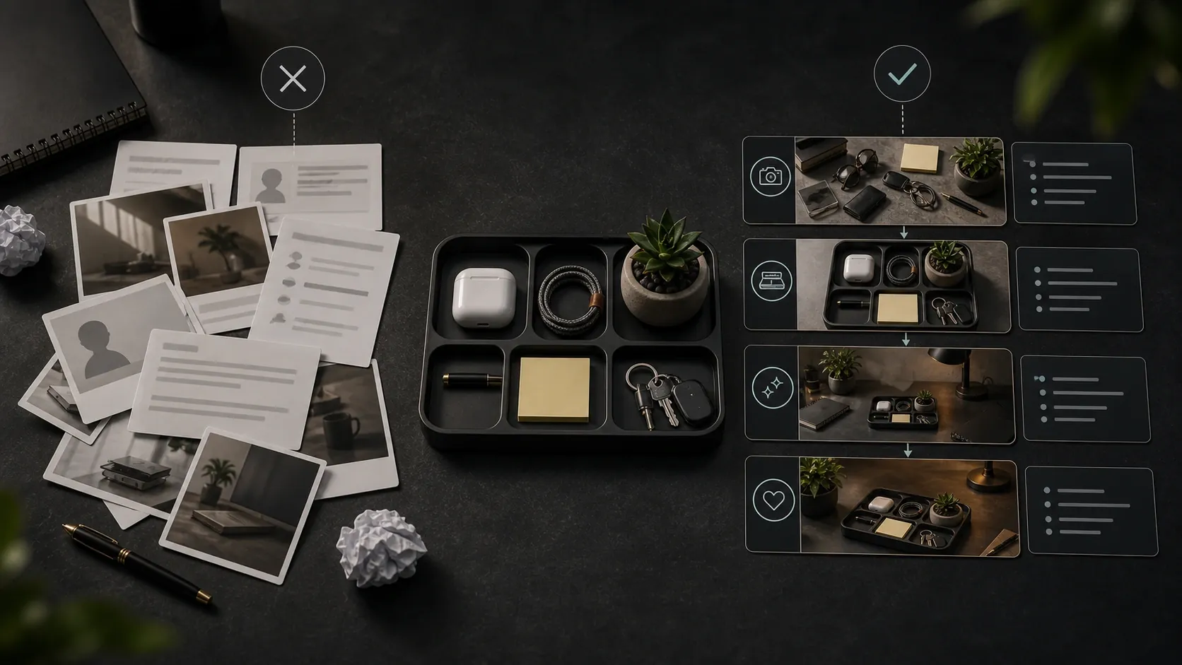 Generic AI UGC script compared with product-specific creator video script for a desk organizer tray.