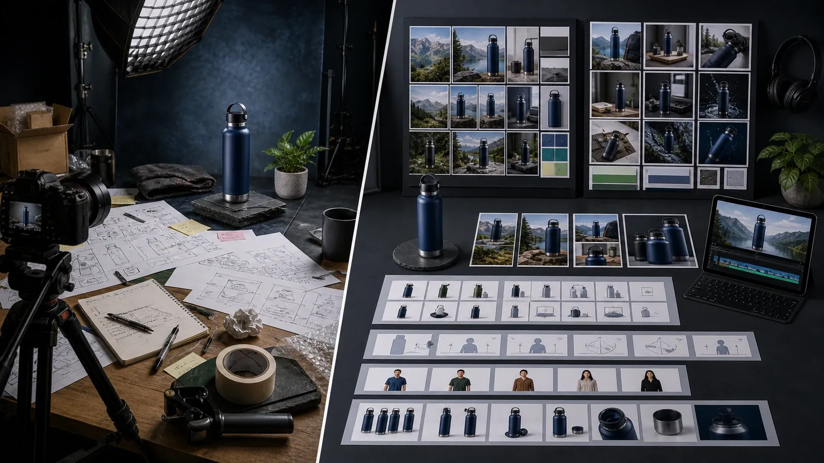 Manual creator workflow compared with AI UGC video workflow for ecommerce product content.