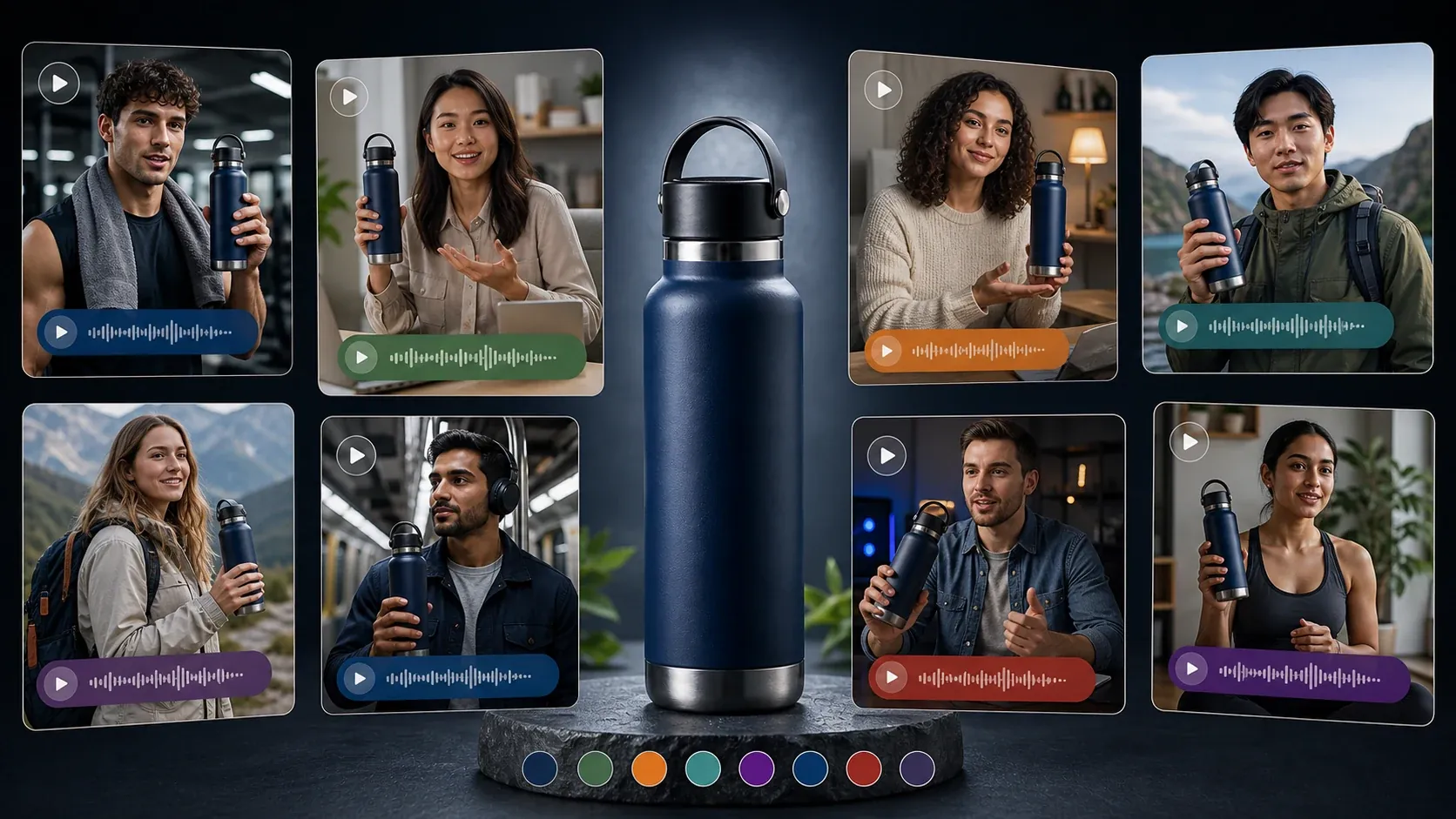 Localized AI creator-style product video variations for ecommerce in multiple languages.