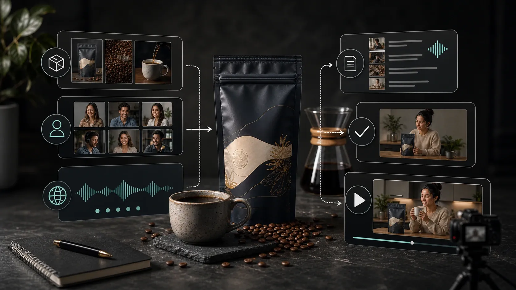 Localized AI creator-style coffee product video variations in multiple languages.