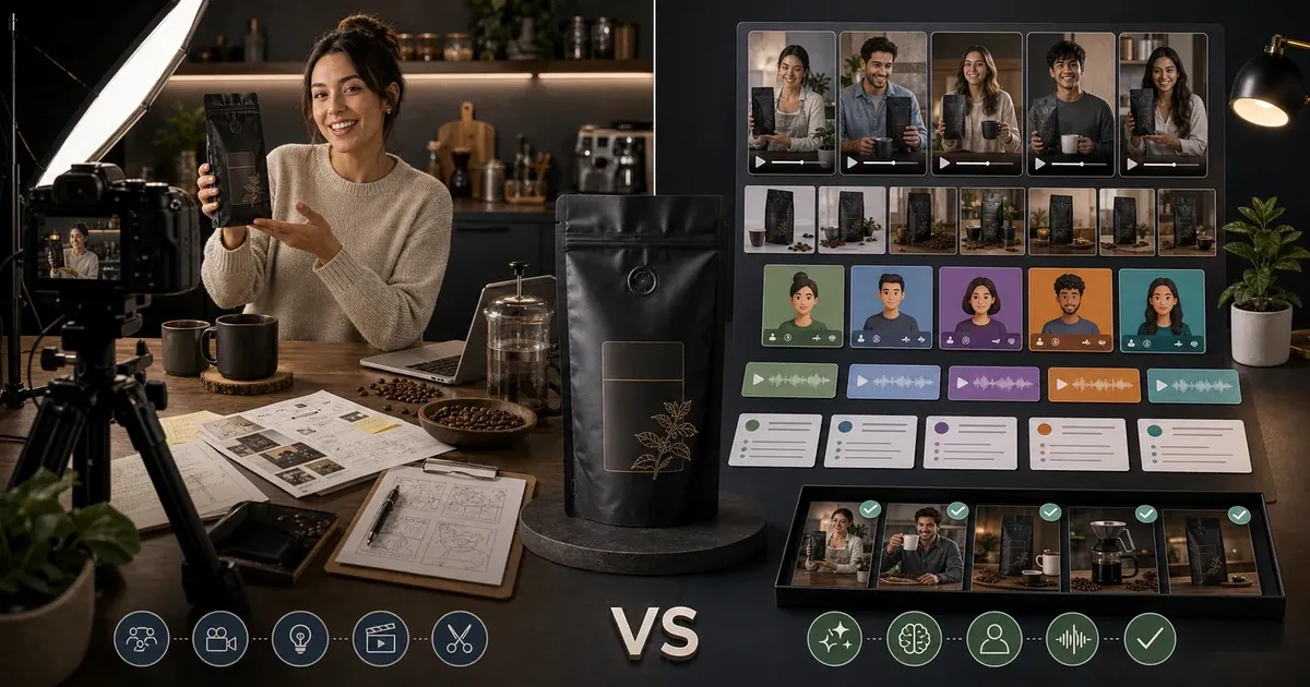 Photorealistic multilingual product video review workspace before publishing.