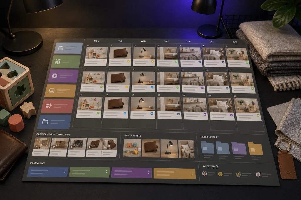 native brand calendar layout details showing campaign view and creator video storyboards