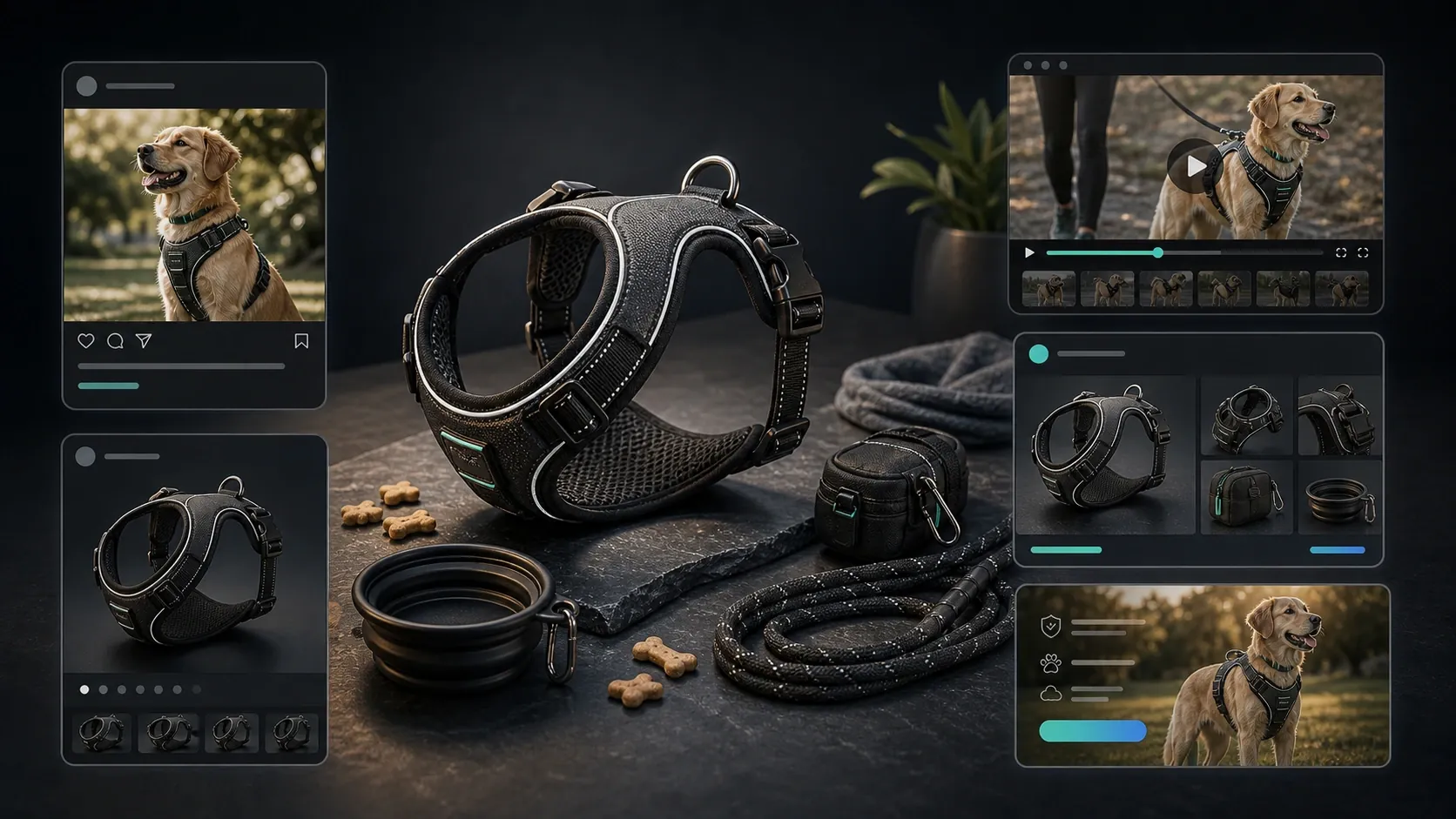 Reflective dog harness product context feeding social posts, AI creator videos, product shots, marketplace images, and campaign assets.