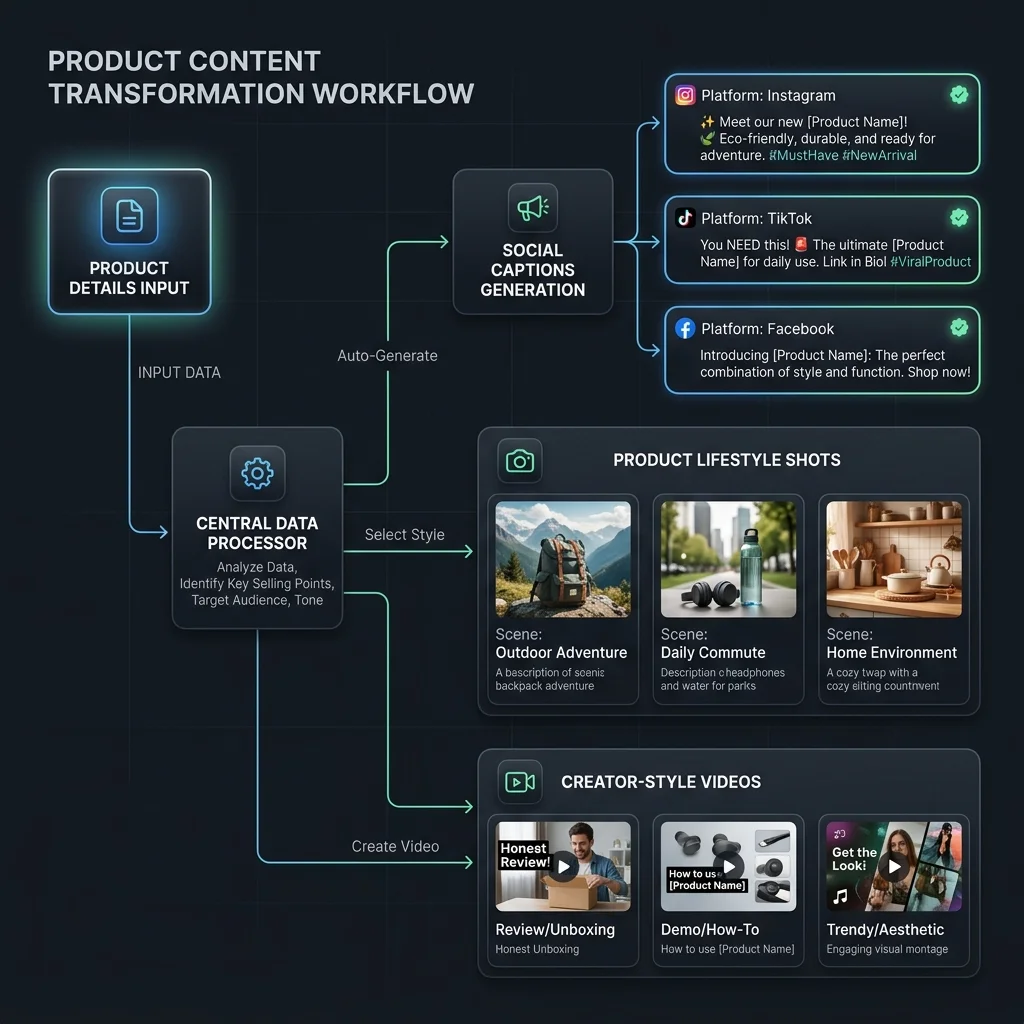 Flowchart of product inventory data feeding into Brand DNA voice and outputting social posts, product shots, and video scripts