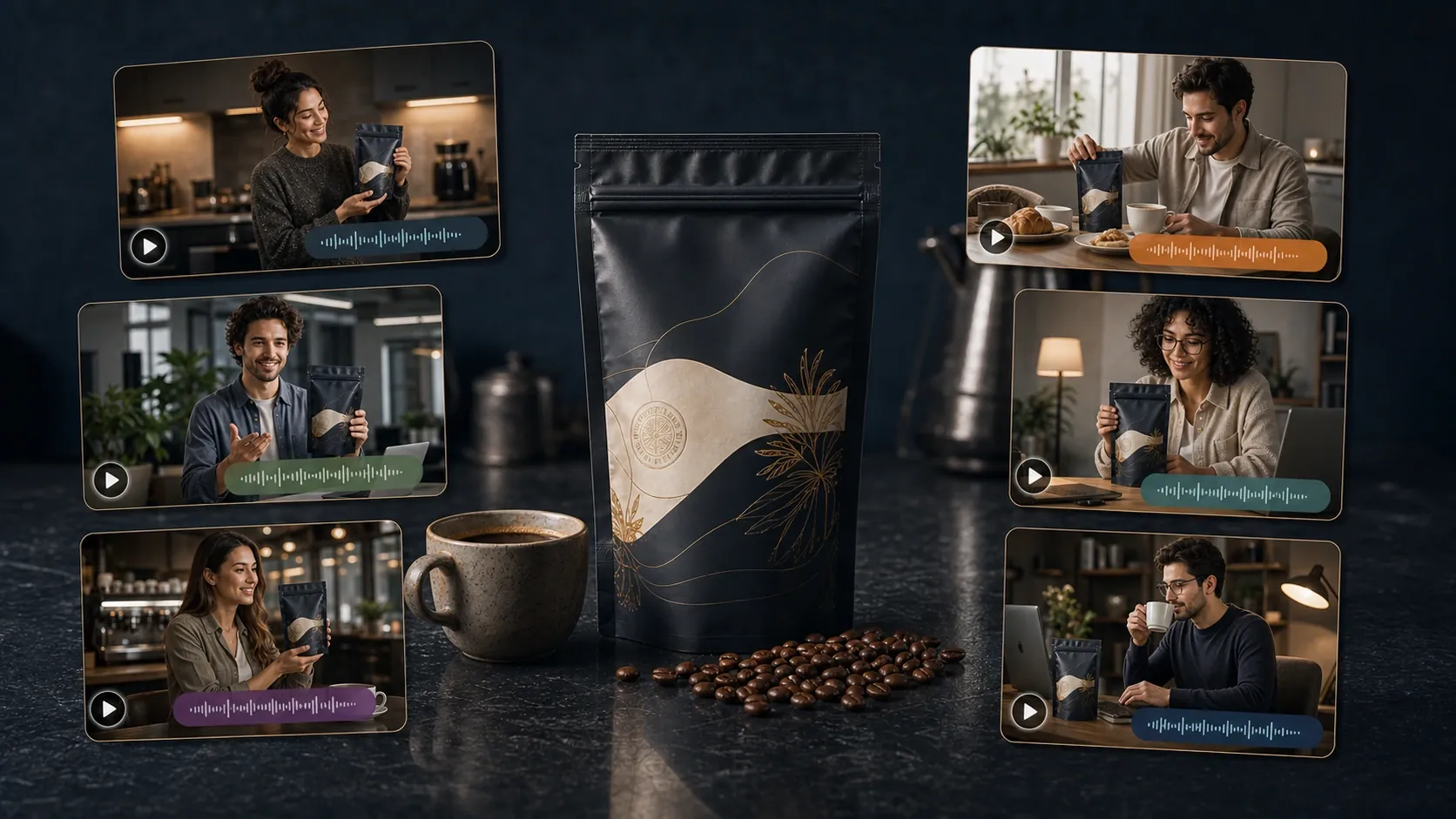 Product-led AI UGC video workflow from coffee product context to creator-style video output.