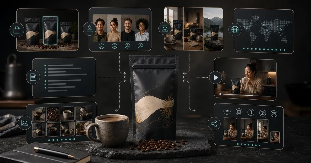 Photorealistic product-led AI creator video workspace showing regional avatar and scene selection.