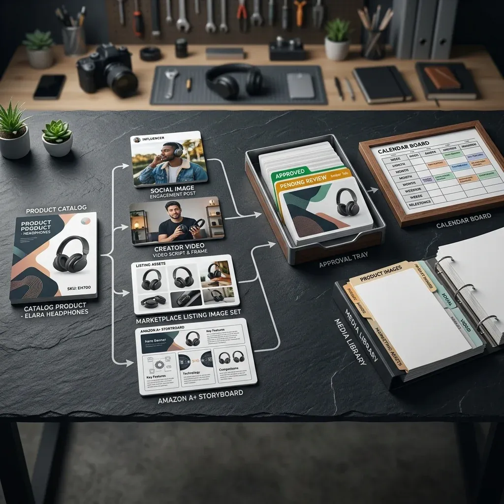 Review-ready ecommerce AI content workflow from product catalog to approval and calendar.