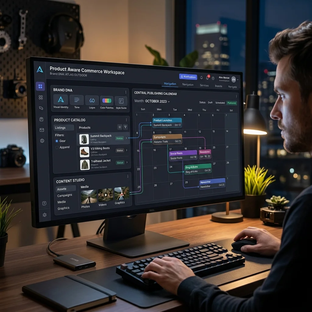 Product-aware commerce content workspace dashboard with unified calendar