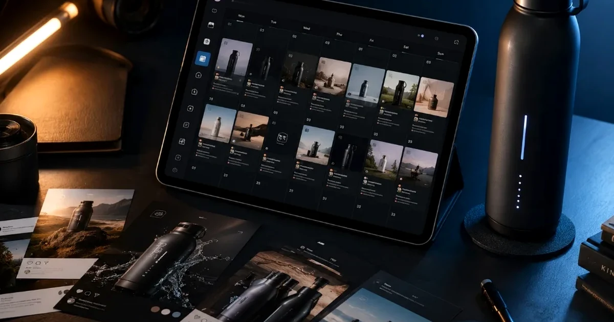 Photorealistic ecommerce social content workspace with product posts reviewed before publishing.