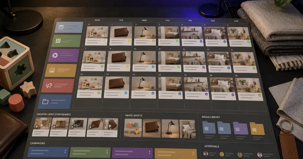 Photorealistic ecommerce content calendar comparing generic scheduling with product-aware planning.