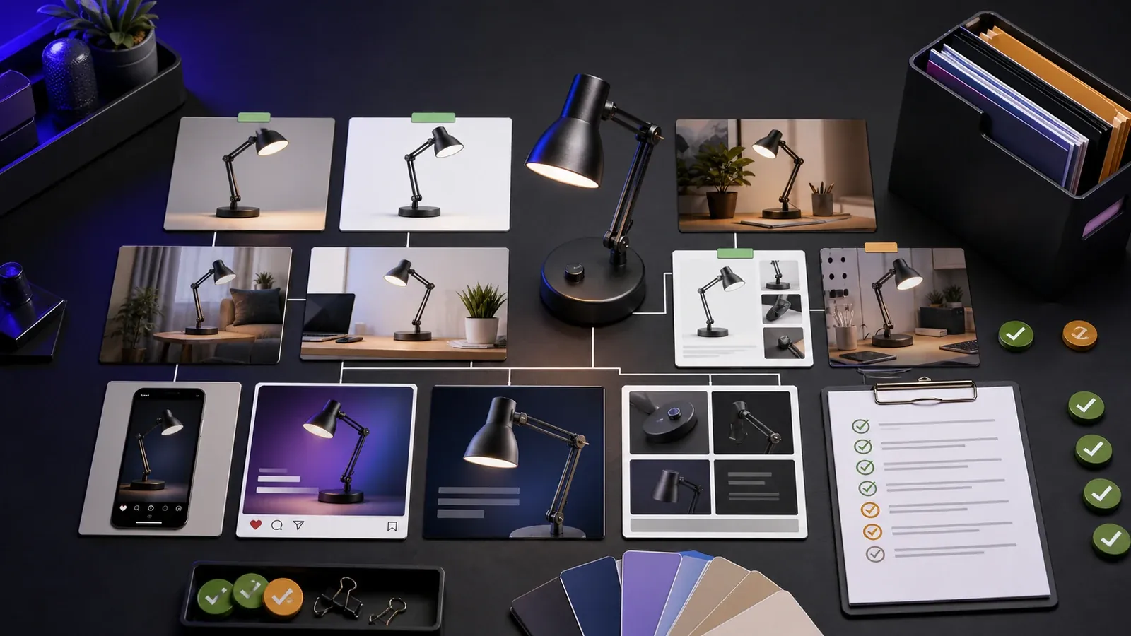 One ecommerce product launch branching into product photos, ads, social posts, marketplace assets, and creator videos.