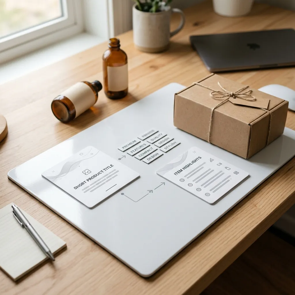 Amazon title and Item Highlights rewrite pair for product listing cleanup.